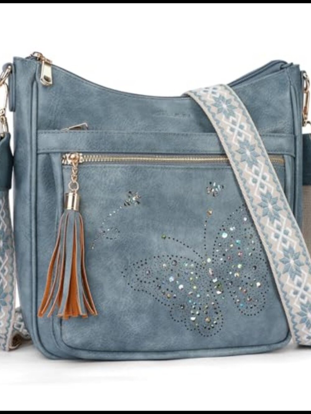 Vegan PU Leather Crossbody Bag Butterfly Tassel Wide Strap Women's Purse